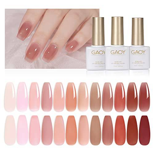 GAOY 15 Pcs Jelly Gel Nail Polish Kit, Sheer Nude Pink Colors Gel Polish Set with Glossy & Matte Top Coat and Base Coat for Nail Art DIY Manicure and Pedicure at Home