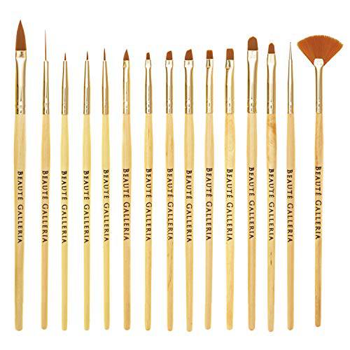 Beaute Galleria 15 Pieces Nail Art Brush Set for Detailing, Striping, Blending, One-Stroke Nail Art with Gel Brushes, Painting Brushes, 3D Brush, Dotting Tool, Fan Brush and Liner