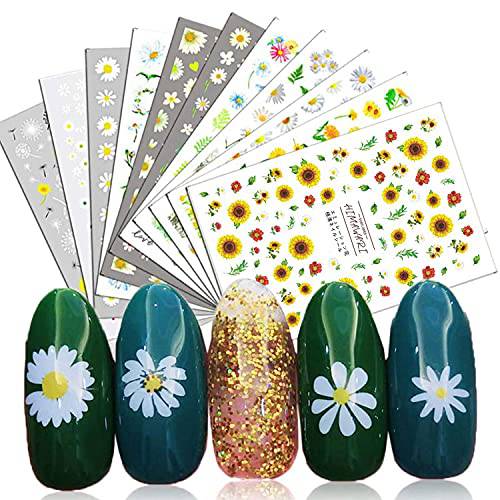 1000+ Sunflower Daisy Nail Art Stickers Decals Summer Nail Supply 3D Self-Adhesive Daisy Sunflower Leaf Designs Nail Sticker for Women Girls 12 Sheets