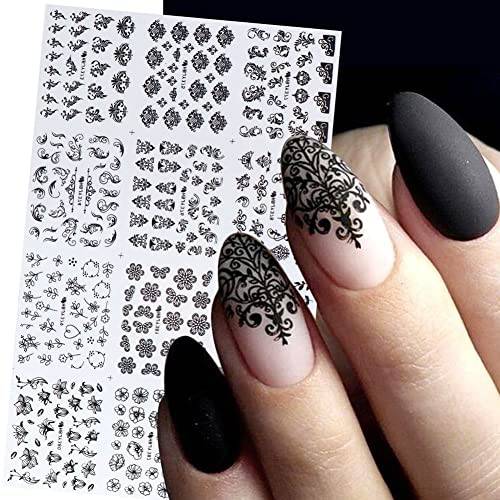 Flower Nail Art Stickers Decals Black White Nail Stickers Flower Leaf Necklace 3D Sliders Decal Gel Polish Sticker DIY Design Manicure Tips (Black)