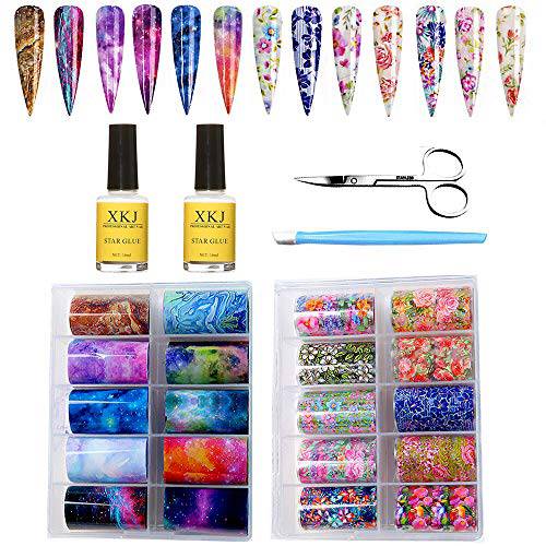 Kalolary 20 Color Starry Sky Stars Nail Art Foil with Nail Glue, Holographic Nail Art Transfer Stickers DIY Decoration, for Nail Art Salon or Home Use