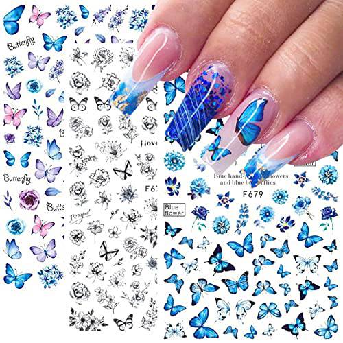 8 Sheets Blue Butterfly Nail Art Stickers Decals JMEOWIO Self Adhesive Pegatinas Uñas Blue Black Gold Butterfly Spring Design Manicure Tips Nail Decoration for Women Girls