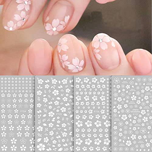 CHENYX White Floral Nail Stickers 4 Sheet 3D Self-Adhesive Nail Decals Suitable for Home Nails and Nail Salons Girl’s White Art Nail Sticker Flower, White Flower