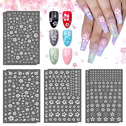 Cherry Blossom Nail Stickers Decals White Flower Stickers, EBANKU 8 Sheets Self-Adhesive White Flower Stickers for Acrylic Nails Designer Nail Art Stickers Supplies for Woman Girl