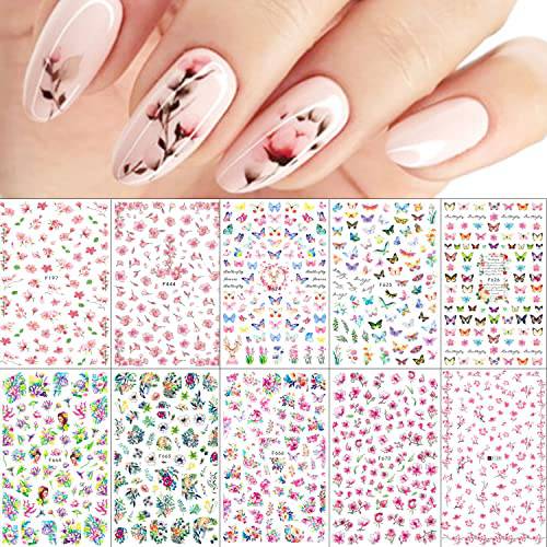 10 Sheets Spring Flowers Nail Art Stickers Decals Self-Adhesive Fingernail Stickers Pegatinas Uñas Summer Butterfly Flower Design Manicure Tips Nail Decoration for Women Girls