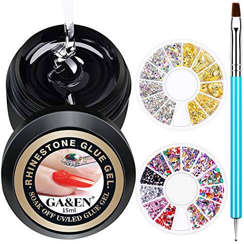 Wipe Off 15ml LED Gel Rhinestone Glue for Nails+Gems (Glass+Gold+Acrylic)+1 Dual-Use Pen (Dotting & Brush) Nail Art Clear Resin Polish Thicker Sticky Adhesive Holds Decoration Jewelry Diamond Beads