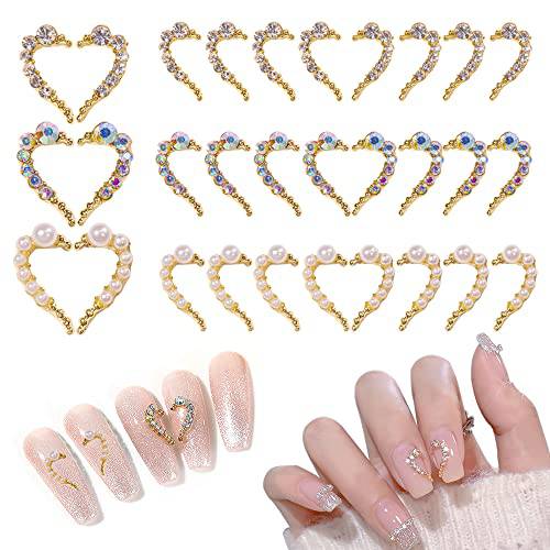 30 Pcs Heart Nail Charms 3D Nail Art Rhinestones Crystals Diamonds Gold Heart Nail Decor Accessories DIY Nail Art Design Decoration Supplies for Girls Women