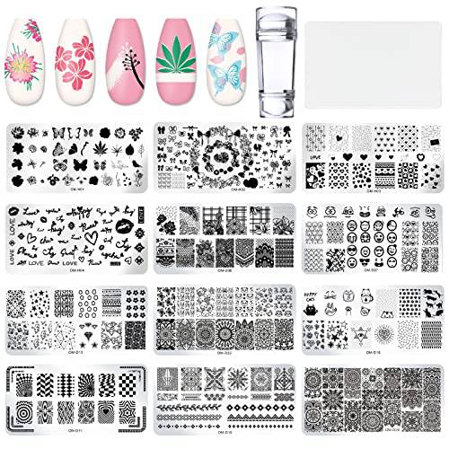 OBSGUMU 12Pcs Nail Stamp Template Nail Stamper Stencil Plates Set with 1Pcs Stamper and 1Pcs Scraper, Flower Butterfly Animal Design for DIY Nail Art Decorations