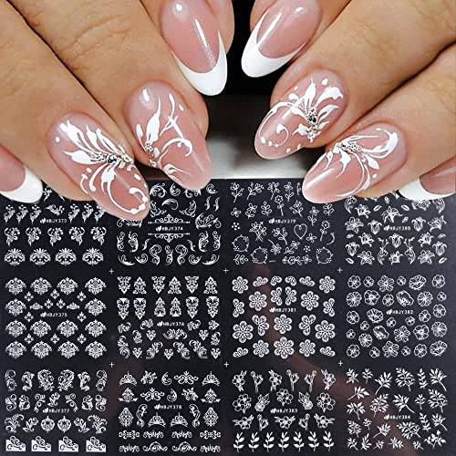 White Flowers Nail Art Stickers French Hollow Flower Leaf Nail Art Designs Manicure 3D Self-Adhesive Nail Wraps Retro Vine Leaf Pattern for Women DIY Nail Art Decorations Manicure Tips