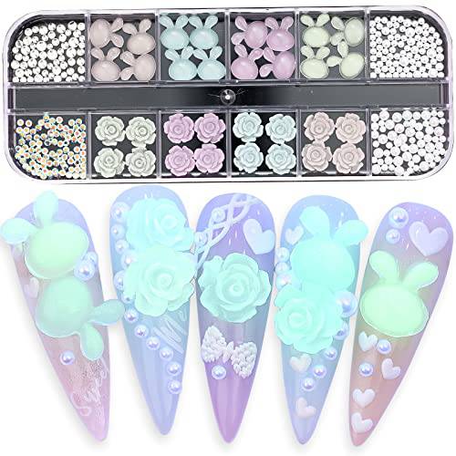 300 Pcs Easter Nail Art Charms Nail Glitter Decals Bunny Decoration 3D Nail Luminous Colorful Flower Rabbit Mixed Design Acrylic Nail Stud Salon Nail Accessories Supplies Women DIY Manicures Tips
