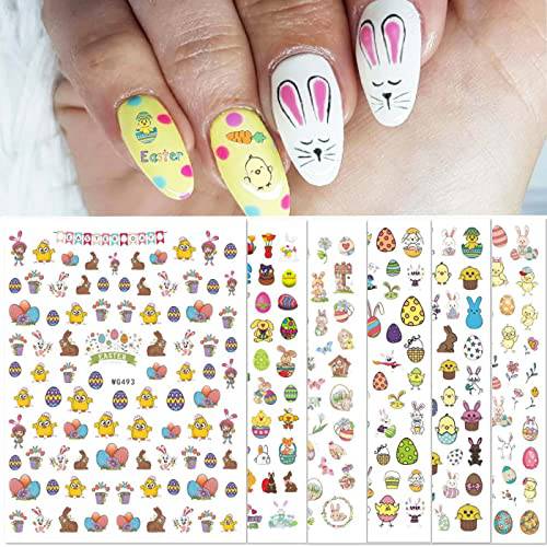 Easter Nail Art Stickers Decals, 3D Self-Adhesive Cartoon Bunny Egg Chicken Nail Decals for Women Girls Easter Day DIY Nail Decoration 6 Sheets