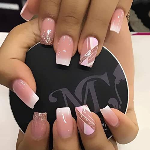 24Pcs Press on Nails Short French Tips Nails Glossy Fake Nails with Pink Square Shape Design Glue on Nails Pink Glitter Sequins Artificial Acrylic Full Cover False Nails for Nail Salon Decorations