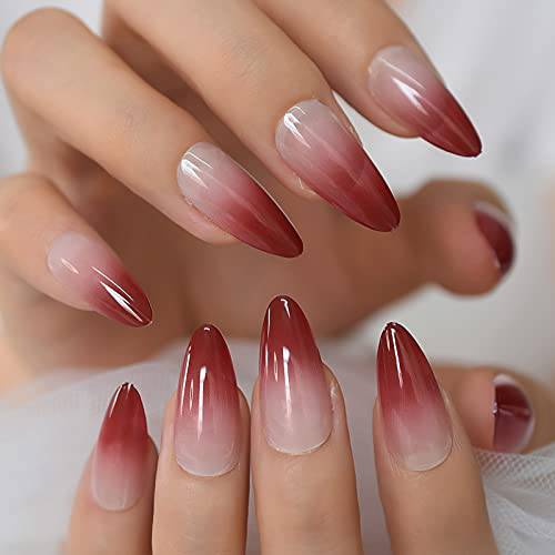 24PCS Fake Nails Ombre Dark Red Medium Long Reusable French False Nails Almond Stiletto Press On Nails Art Tips Manicure