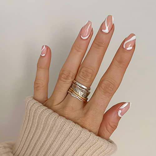 YOSOMK 24Pcs Press on Nails Short Full Cover Coffin Fake Nails Glossy Stick on Nails Short French False Nails with Glue Acrylic Nails for Women & Girls（White lines）