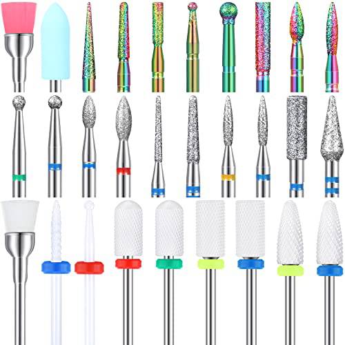 29 Pieces Nail Drill Bits Set 3/32 Inch Ceramic Acrylic Gel Nail Bit Diamond Cuticle Electric Nail File Cuticle Remover Bits for Manicure Pedicure Home Salon Use Present for Women Girls