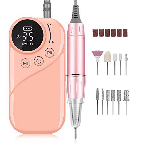 Rechargeable Nail Drill Electric Nail File, Professional 35000RPM Nail Drills for Acrylic Nails, Portable Electric E File for Gel Nails, Manicure Pedicure Polishing Shape Tools with 11Pcs Drill Bits