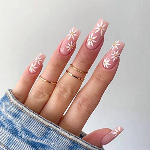 24Pcs Daisy Press on Nails, Medium Length Fake Nails French Tip Press on Nails Coffin Spring Summer Nail Art Supplies Exquisite Design Daisy Flower Acrylic Press on Nails for Women Girls (Flower)