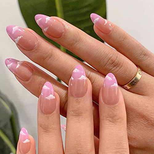 Kamize Medium Press on Nails Almond Fake Acrylic Nails Full Cover False Nails for Women and Girls24PCS (Pink Cloud)