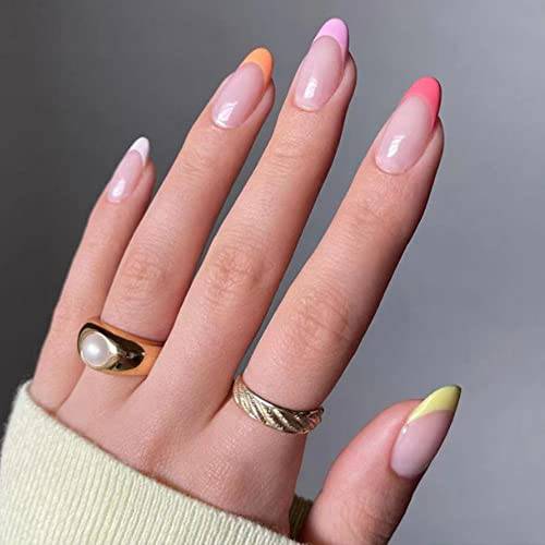 YoYoee French Press on Nails Short Almond False Nails Acrylic Full Cover Glossy Fake Nails Cute Color Tips for Women and Girls 24PCS