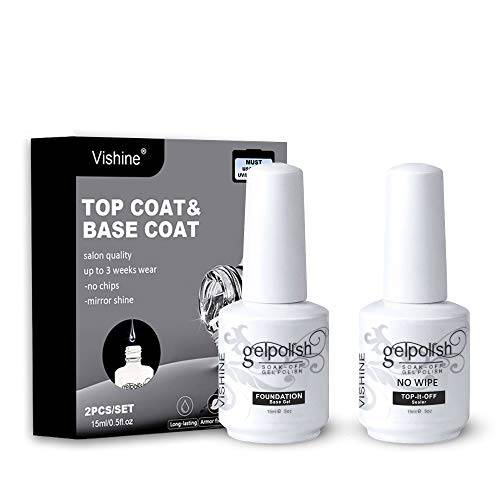 Vishine Soak Off Base Coat + No Wipe Top Coat Set Quick Dry Long Lasting Shine High Gloss Mirror Effect Nail Art 15ML Each Bottle