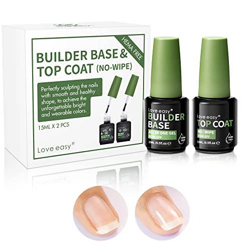 Hema Free Builder in a Bottle - 0.5oz Builder Base & No Wipe Gel Top Coat Nail Polish Set, for Building Nail Extension Gel ,Gel Nail Glue for Nail Tips,Soak Off Hard Gel for Nails，Repair Nail Base Top Coat Nails ,UV/LED Lamp Required,Less Chance For Allergic Reactions