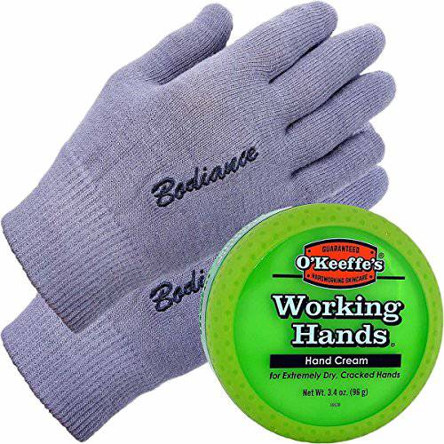 Hand Cream for Dry Cracked Hands and Hand Repair Gloves Bundle: O’Keeffe’s Working Hands Cream (Unscented, Non-Greasy 3.2 oz.), Gel Moisturizing Gloves Men or Women (1 pair, Gray, Unscented)