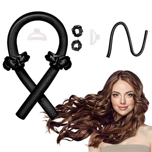 Hair Curlers to Sleep in, No Heat Curlers for Long Hair, Curling Rod Headband with 2 Hair Ties and 1 Hair Clip, Soft Silk Hair Styling Tools Kit (Black)