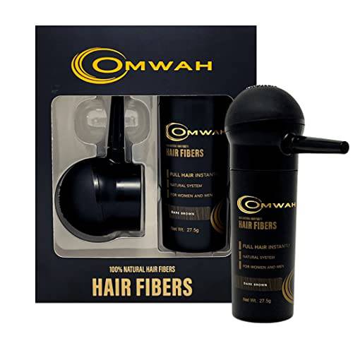 OMWAH Natural Hair Fiber 2-in-1 Kit 27.5g Bottle - Natural Concealing Undetectable Thick Hair Fibers & Spray Applicator Pump Nozzle, Instant Thicker Hair, Crisp Hairlines, Thicker beard & Styling (Dark Brown)