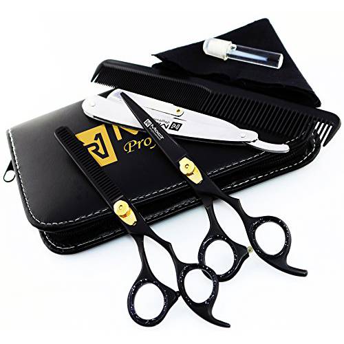 Macs Professional Black & Gold Plated Beauty full Double Tone Combination Razors Edge Barber Hair Cutting Scissor/Shear Set Made Of 440 Japanese Stainless Steel 6.5 -15043