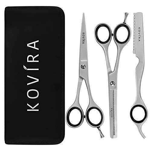 Kovira 3pc Professional Hair Cutting Scissor Set - 6.5 Inch/16.5cm Overall Length - Razor Sharp Hairdressing Scissors, Texturising Thinning Shears and Thinning Razor - Japanese Stainless Steel Barber