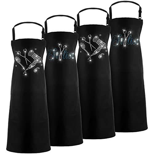 4 Pieces Hair Stylist Apron with Rhinestone Tools Waterproof Anti Static Barber Apron Funny Adjustable Salon Apron Black Hair Dresser Apron Hair Aprons for Women with Pockets and Long Ties