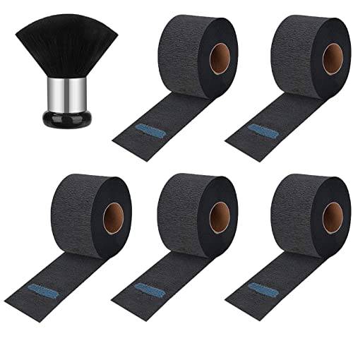 Disposable Barber Paper Neck Strips with Neck Duster Barber and Salon Brush,Hairdressing Stretchy Wrap and Neck Paper Tissue Roll for Salon Haircut Styling Coloring Spa Massage Black Pack of 5