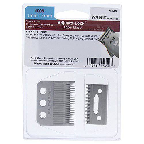 Wahl Professional 3 Hole Adjusto-Lock (mm - 3mm) Clipper Blade for the Designers, Cordless Designer, Senior, Vacuum, Pilot, some Sterling clippers for Professional Barbers and Stylists - Model 005 Silver