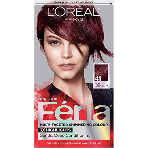 L’Oreal Paris Feria Multi-Faceted Shimmering Permanent Hair Color, 41 Crushed Garnet (Rich Mahogany), Pack of 1, Hair Dye