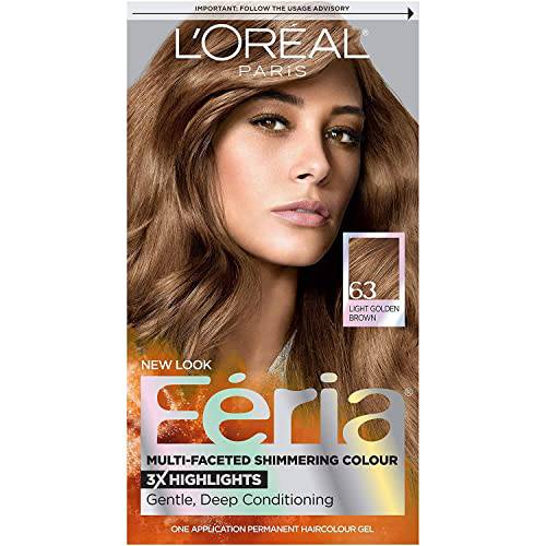 L’Oreal Paris Feria Multi-Faceted Shimmering Permanent Hair Color, 63 Sparkling Amber (Light Golden Brown), Pack of 1, Hair Dye