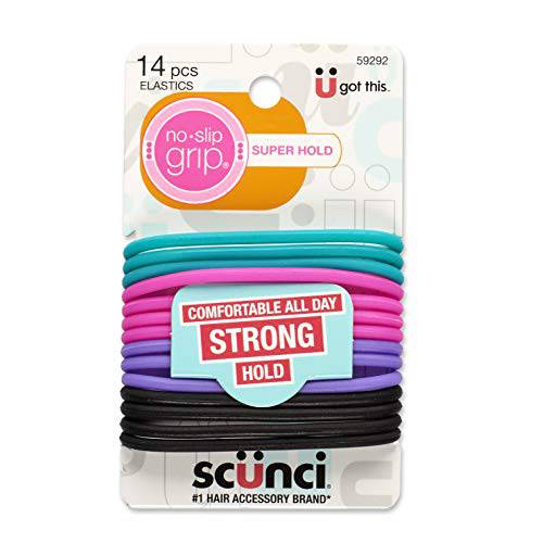 Scunci by Conair No-Slip Grip Super Hold Elastics Hair Ties for Women and Men, No Damage in Assorted Colors, 14 Pack