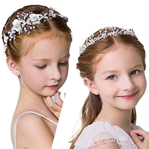 2 Pieces Wedding Flower Crown Princess Wedding Headpiece CommVeil Crystal Hair Pieces Tiara for Girls Wedding and Flower Girls