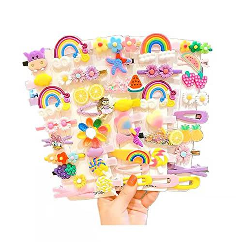 Hairpin Candy-colored kid’s hair accessories, flower and fruit, rainbow hairpin set, girl cartoon animal cute hairpin,Package include 42pcs Hair Clips and 10pcs elastic