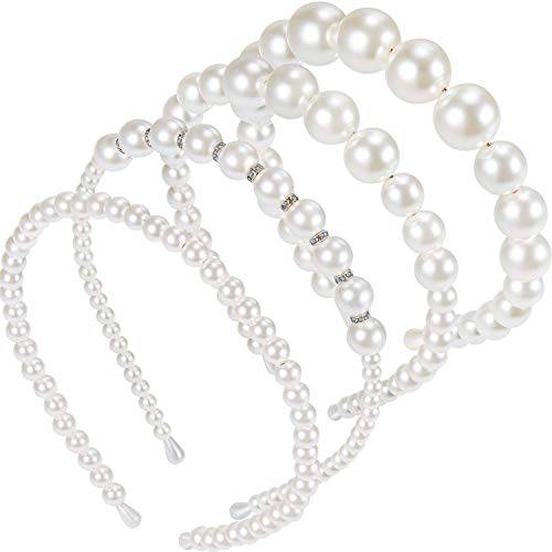 4 Pieces Pearls Headbands Women White Faux Pearl Rhinestones Hairbands Bridal Hair Hoop Wedding Hair Accessories for Girls (Style Set 1)