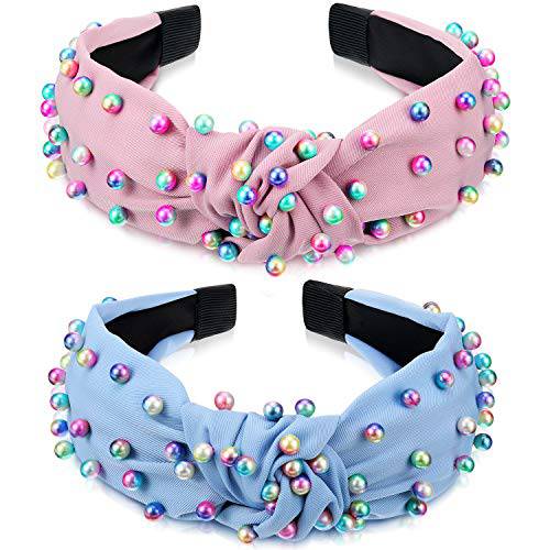 2 Pieces Headbands for Women Pearl Knotted Girls Headband Colorful Jeweled Embellished Gem Hairband Faux Pearl Cross Knot Twisted Turban Hair Accessories for Women Girls
