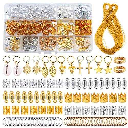 LABOTA 201 Pieces Hair Jewelry Rings Aluminum Hair Accessories Hair Rings Gold and Sliver Dreadlocks Metal Hair Cuffs with 100m Metallic Cord