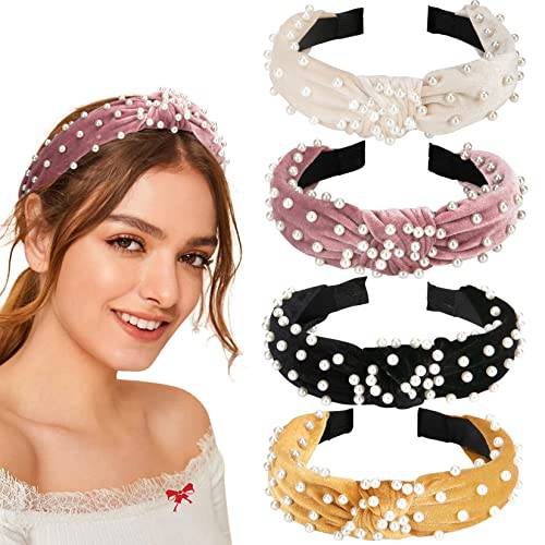 Allucho Headbands for Women, Knotted Headbands Pearl Headband Wide Top Knot Turban Hair Bands, Vintage Velvet Fashion Hair Accessories for Women and Girls