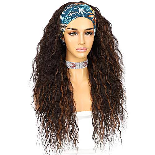 SOMIARIK Headband Wigs for Black Women Natural Hairline Synthetic Brown Loose Curly None Lace Front Wigs for Black Women Glueless Machine Made Wig Wavy pre plucked Headband Wigs 26 Inch