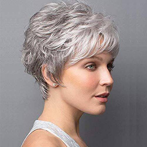 SEVENCOLORS Short Grey Wigs Pixie Cut Gray Wigs with Bangs Natural Curly Synthetic Wigs for White Women Layered Womens Replacement Wigs