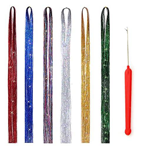 47 Inches Hair Tinsel Kit Strands with Tools 6 Colors 1200 Strands Sparkling Shiny Tinsel Hair Extensions Colorful Hair Tinsel Kit Glitter Hair