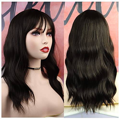 Black Short Wigs with Bangs, Galina`s Beauty Wavy Bob Wig with Bangs Heat Resistant Synthetic Wig for Women Looks More Realistic Natural