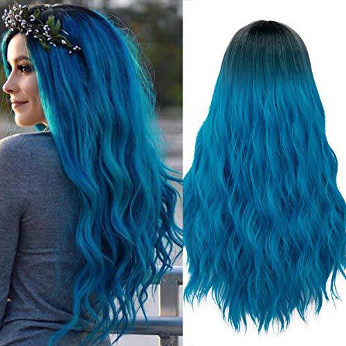 Mildiso Blue Wigs for Women Ombre Long Curly Wavy Wig with Wig Cap Blue Mermaid Wig Natural Cute Synthetic Wigs for Daily Party Halloween M052B