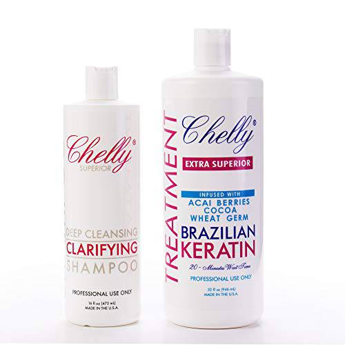 Chelly EXTRA SUPERIOR Brazilian Keratin Infused with ACAI BERRIES COCOA WHEAT& Clarifying Shampoo COMBO