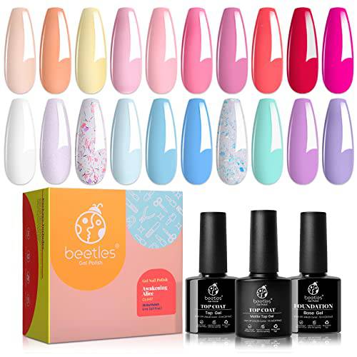 Beetles Pastel Gel Nail Polish Kit with Gel Base Top Coat - 20Pcs Pastel Macaron Colors Collection Bright Nail Art Solid Sparkle Glitters Colors Easter Christmas Decorations Valentine Gift for Women