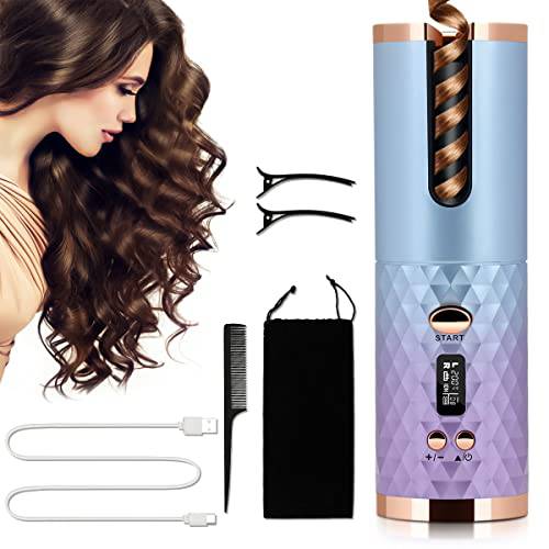 Automatic Curling Iron, Cordless Portable Hair Curler Adjustable Temperature Time USB Rechargeable Rotating Curling Wand Dual Voltage Fast Heating Ceramic Barrel Styling Tools for Home and Travel